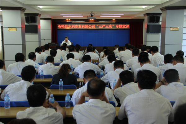6月5日，蒼梧縣水利電業(yè)有限公司開展 “三嚴(yán)三實(shí)”專題教育黨課暨黨風(fēng)廉政教育培訓(xùn)，黨課邀請(qǐng)蒼梧縣人民檢察副檢察長莫孔文為